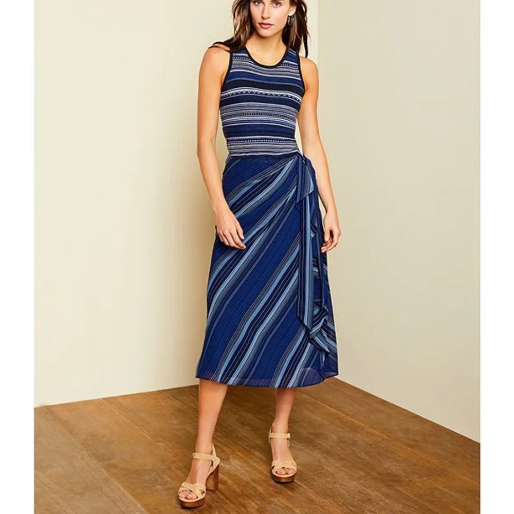 Lauren Ralph Lauren Stripe Print Crinkle Georgette Cascading Ruffle Midi Skirt.